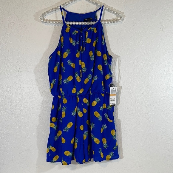 AS U WISH Pineapple Blue Romper Front Pockets New - Picture 2 of 7